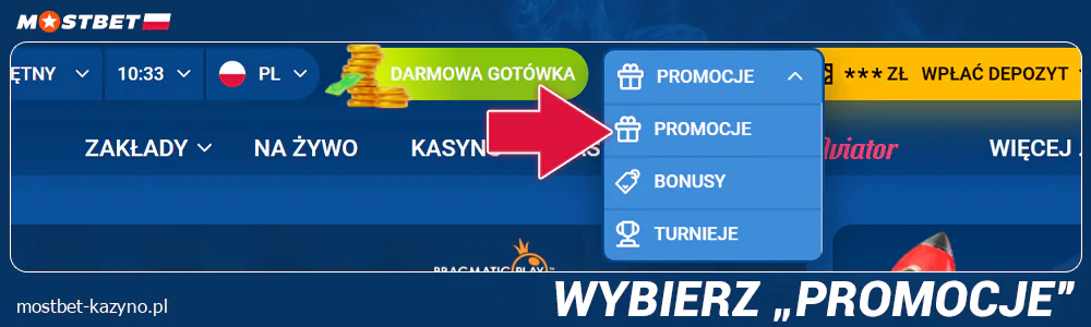 Wybierz sekcję „Promocje” w Mostbet PL